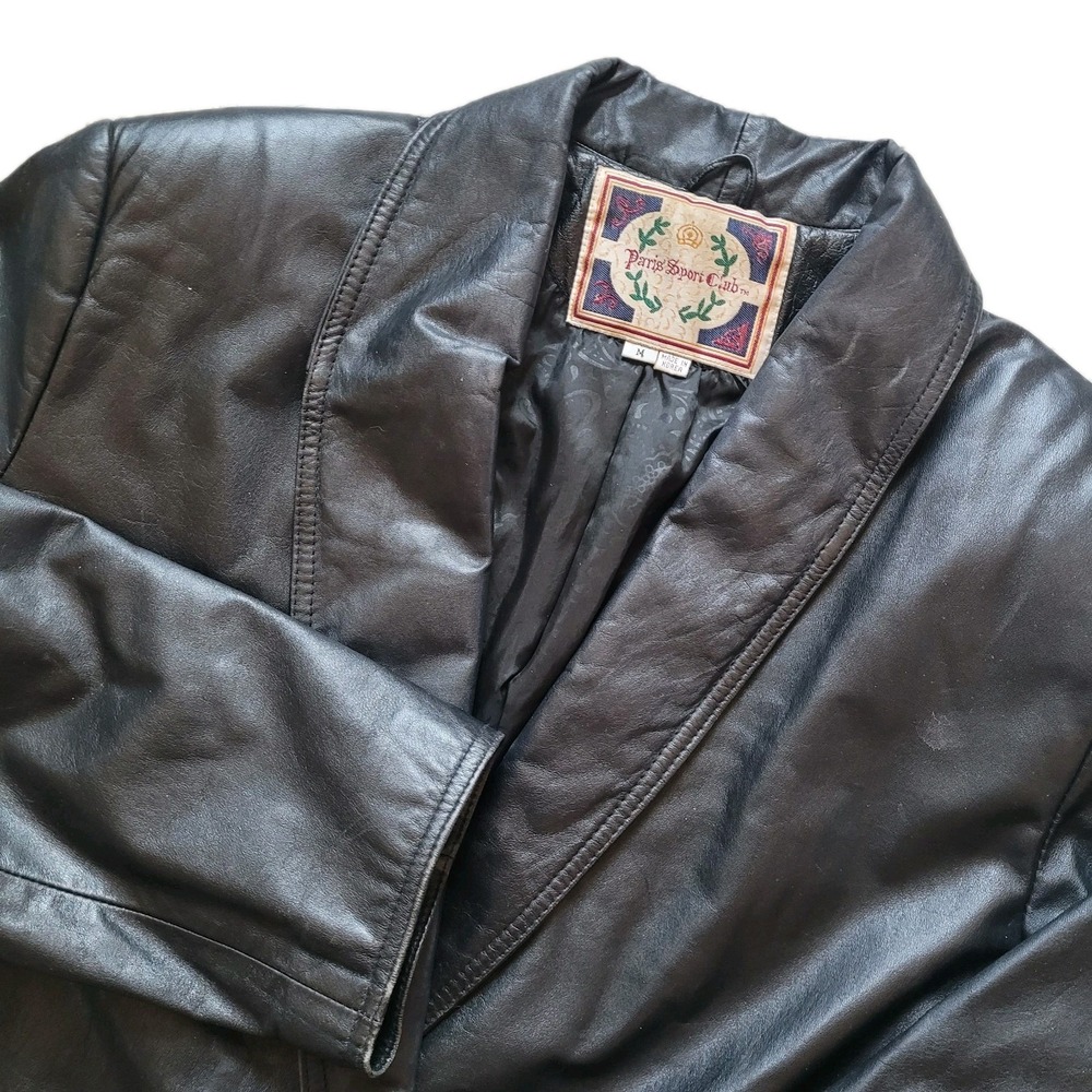 Vintage 90's Paris Sport Club Black Real Leather Trench Coat Matrix Goth Medium‎